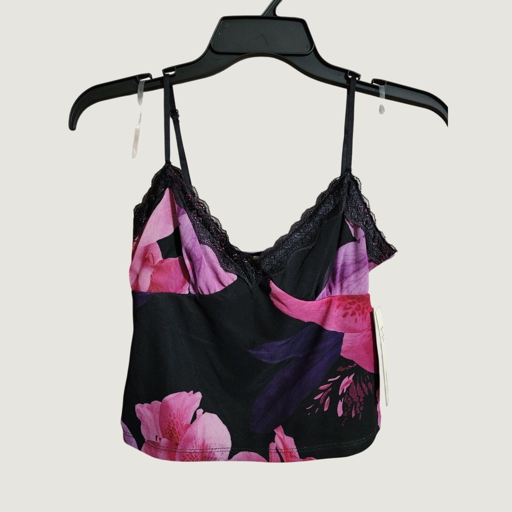 No Boundaries Cami Top Floral Mesh Lace Trim Medium Black Pink
